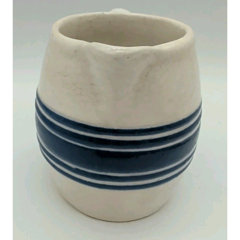 Vintage Stoneware Pottery small Pitcher Blue Stripe unmarked handmade antique